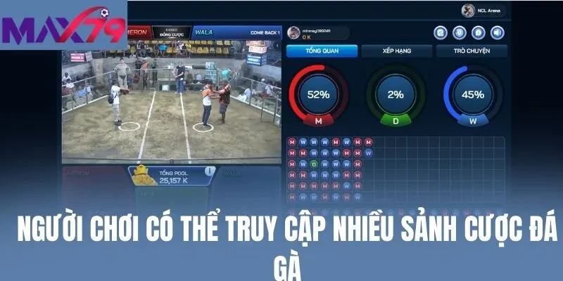 Người chơi có thể truy cập nhiều sảnh cược đá gà